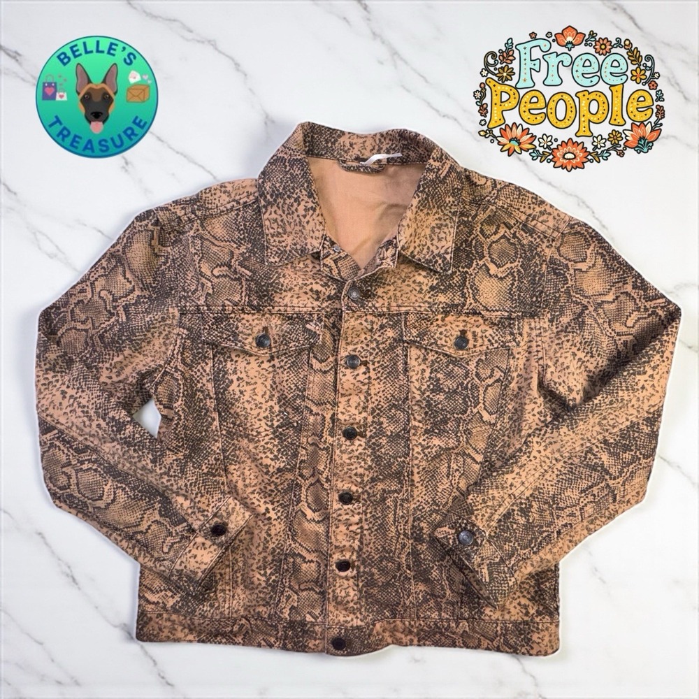 Free People Jacket Womens Medium Trucker Brown Snake Print Denim Button Front